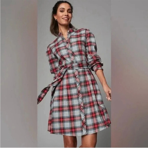 Untuckit Harrison Plaid Shirt Dress Grey Red Holiday Pockets - Picture 2 of 9